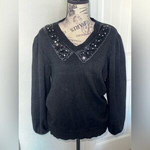 Elegant Black Sweater with Embellished Collar